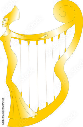 magical golden harp with the silhouette of a woman