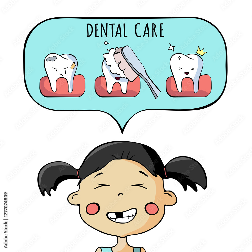 Asian girl thinking about Dental care. Kids oral hygiene. Dirty and clean  teeth. Caries on the teeth. Doodle Dentistry concept with dental health care,  vector cartoon. For poster, flyer, booklet Stock Vector |