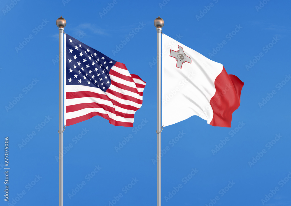 Obraz premium United States of America vs Malta. Thick colored silky flags of America and Malta. 3D illustration on sky background. - Illustration