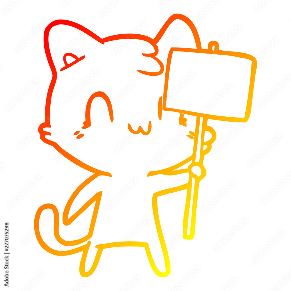 warm gradient line drawing cartoon happy cat with blank sign warm gradient line drawing cartoon happy cat with blank sign