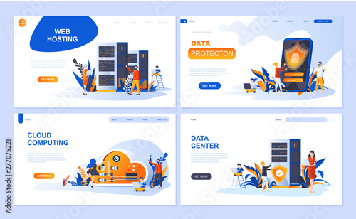 Set of landing page template for Hosting, Data Protection, Data Center, Cloud Computing. Modern vector illustration flat concepts decorated people character for website and mobile website development.