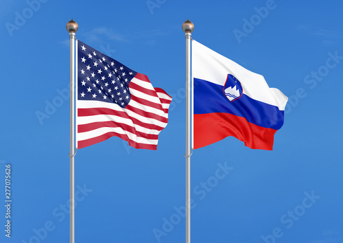 United States of America vs Slovenia. Thick colored silky flags of America and Slovenia. 3D illustration on sky background. - Illustration