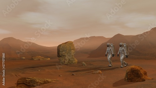 3D rendering. Colony on Mars. Two Astronauts Wearing Space Suit Walking On The Surface Of Mars.