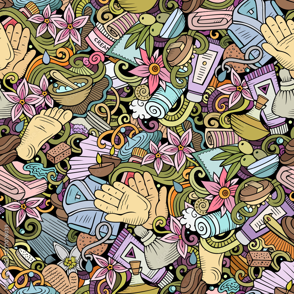 Massage hand drawn doodles seamless pattern. Spa therapy background Massage hand drawn doodles seamless pattern. Spa therapy background