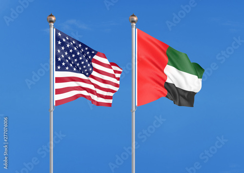 United States of America vs United Arab Emirates. Thick colored silky flags of America and United Arab Emirates. 3D illustration on sky background. - Illustration