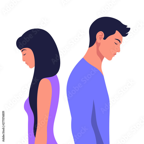 Profiles of a man and a woman in a quarrel. Conflicts between husband and wife. Divorce. Depression and anxiety. Vector illustration in flat style