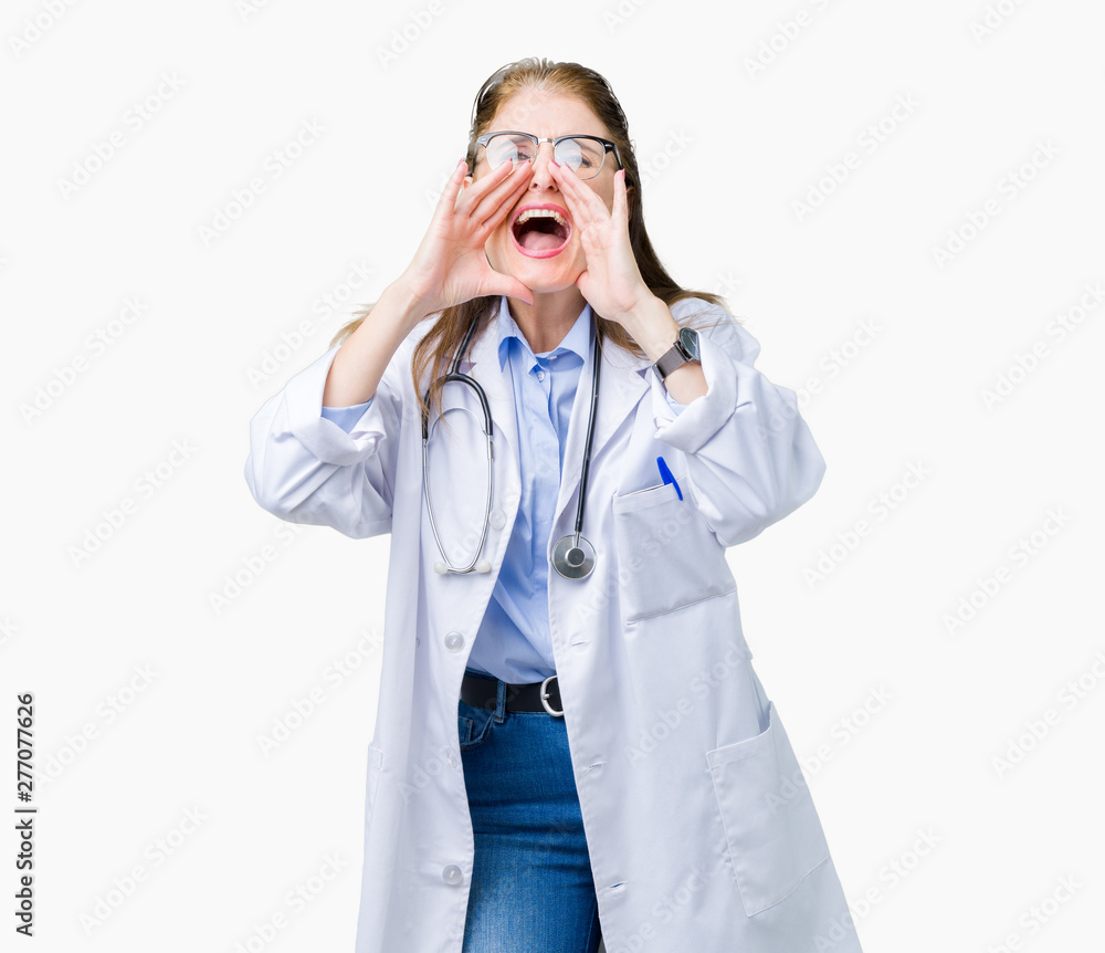Middle age mature doctor woman wearing medical coat over isolated background Shouting angry out loud with hands over mouth Middle age mature doctor woman wearing medical coat over isolated background Shouting angry out loud with hands over mouth