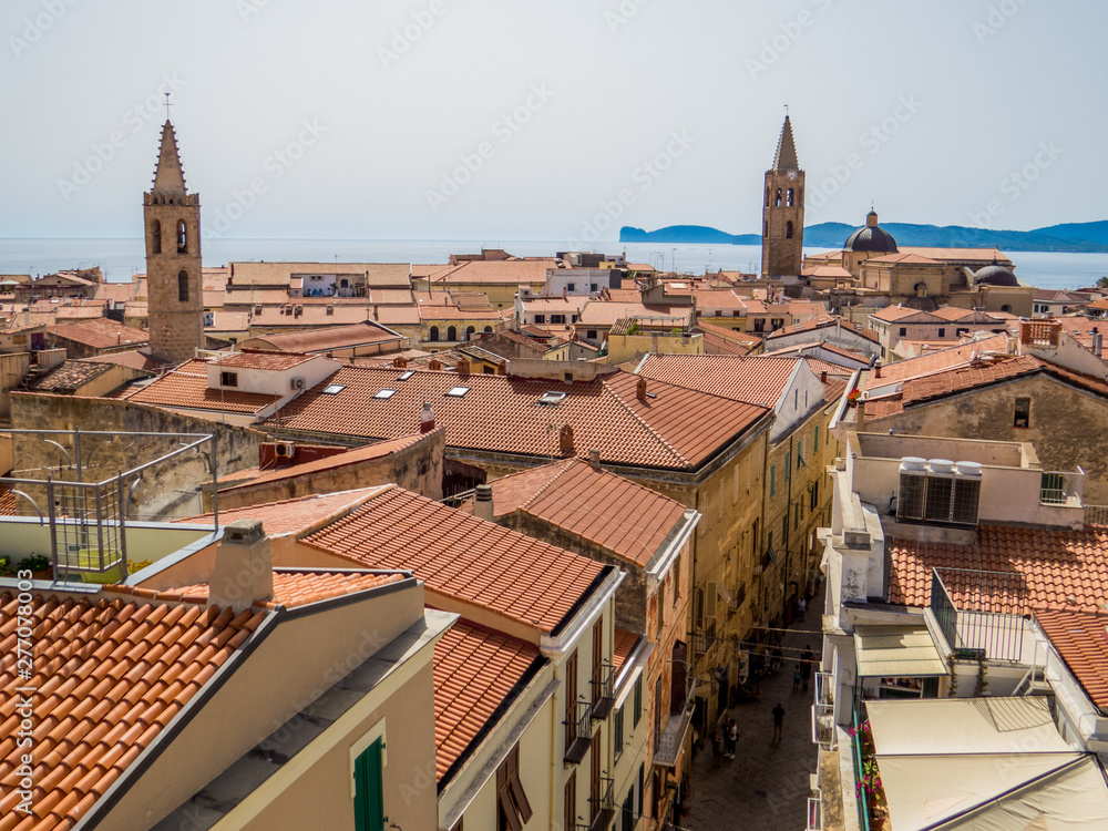 Alghero, Sardinia, Italy - Panoramic aerial view of the old town from the Tower of Porta Terra (Door Land)