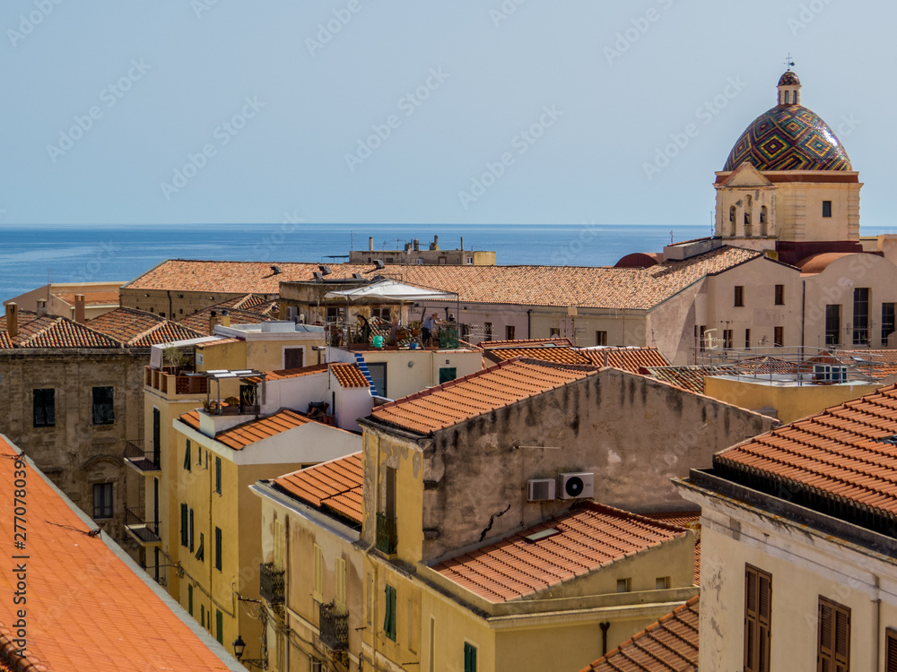 Alghero, Sardinia, Italy - Panoramic aerial view of the old town from the Tower of Porta Terra (Door Land)