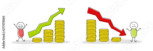 Hand drawn stickman with money graphs and arrows. Vector