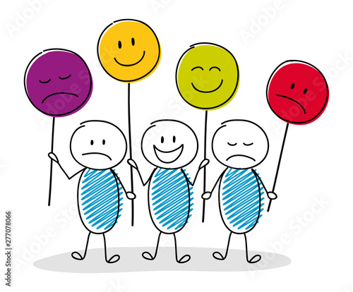 Set of hand drawn stickman holding funny emoticons. Vector