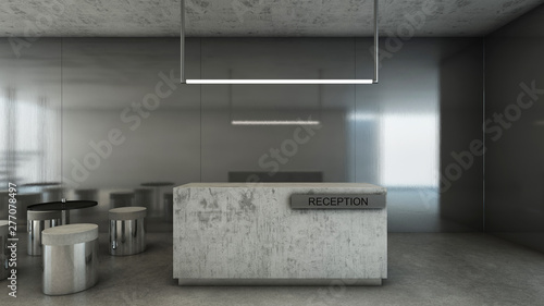 Reception shop design Modern,Concrete counter,Wall steel,Furniture waiting zone metal/concrete ,Floor concrete - 3D render