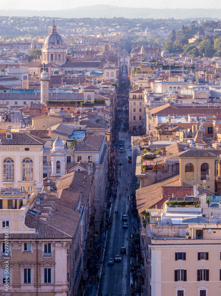 Rome, Italy - Aerial view of Via del Corso, the main street in the center of Rome. View from the top of the Altare della Patria (
