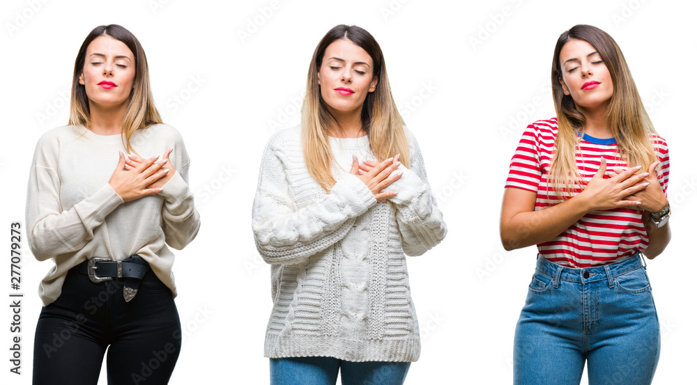 Obraz premium Collage of young beautiful woman over isolated background smiling with hands on chest with closed eyes and grateful gesture on face. Health concept.