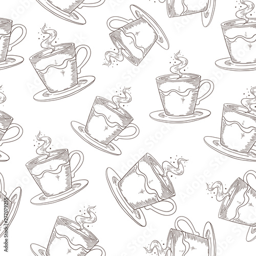 Hand drawn coffee pattern. Cute seamless print with coffee or tea mugs, morning drink sketch. Vector vintage black cups print design on white backgrounds