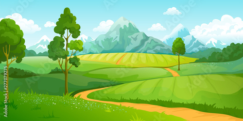 Summer mountains landscape. Cartoon nature green hills scene with blue sky trees and clouds. Vector illustration rural countryside eco perspective background with road
