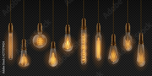 Realistic light bulb. Electric incandescent lamps, interior decoration elements, glowing light bulbs hanging on wire. Vector set realistic edison objects on transparent background