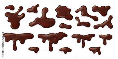 Realistic melted chocolate. Liquid drips and splashes of dark brown syrup on white background. Vector isolated 3D chocolate paint dripping liquid