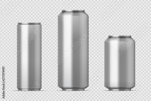 Beer can mockup. Realistic aluminum metal can for soda, different types of blank can with copy space. Vector isolated steel boxes storage set