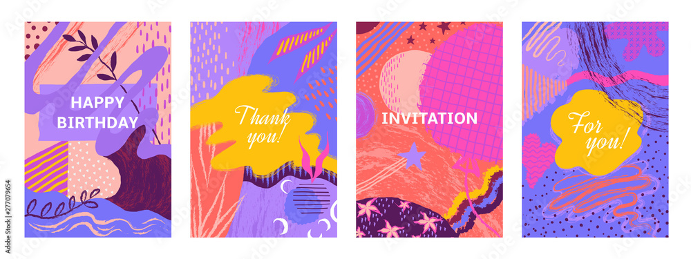 Abstract brush posters. Brush paint hand drawn banners with patterns and floral elements, fashion invitation cards. Vector set trendy texture flyer pattern