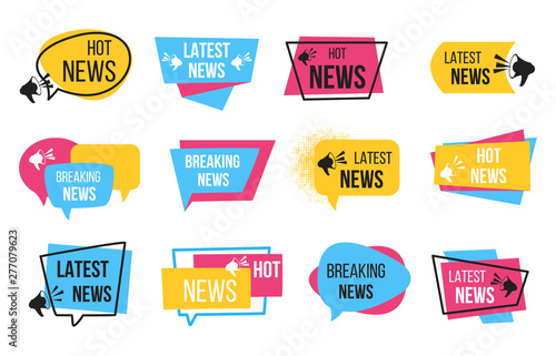 News badge. Promotion stickers with megaphone and text bulb, breaking news announcement. Vector newspaper cartoon tags for daily headline hot information