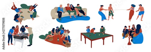 Friends scenes. People sitting eating spending time together, friendship flat concept. Vector color collection young men in different life situations