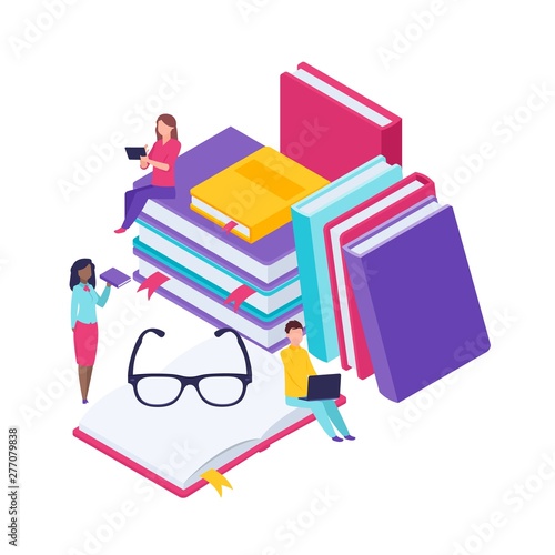 Dictionary library of encyclopedia. People studied modern book concept banner with characters. Flat isometric vector illustration isolated on white background