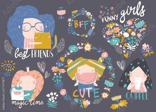 Set of cute girls with flowers and wreaths. Best friends