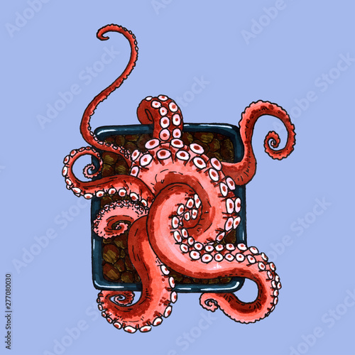 Octopus tentacles in the succulent's pot on blue background, crazy succulent's theme, vector illustration