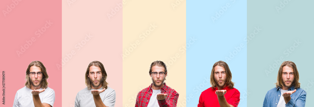 Fototapeta premium Collage of young handsome man over colorful stripes isolated background looking at the camera blowing a kiss with hand on air being lovely and sexy. Love expression.