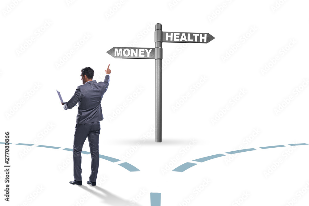 Businessman choosing between money and health Businessman choosing between money and health