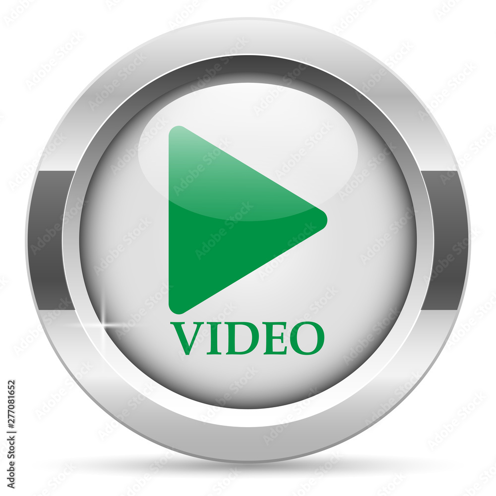 video icon.White metal internet button. Glass with green icon, vector. video icon.White metal internet button. Glass with green icon, vector.