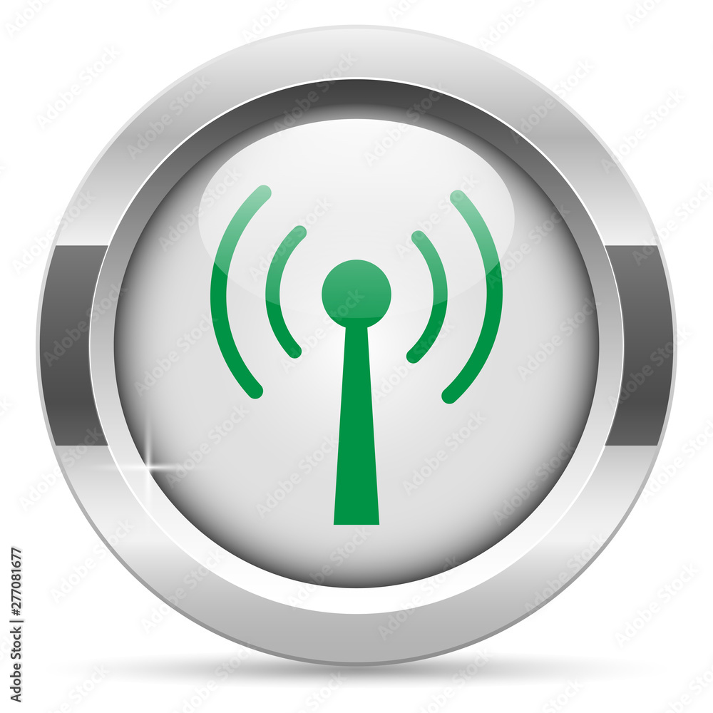 WI fi icon.White metal internet button. Glass with green icon, vector. WI fi icon.White metal internet button. Glass with green icon, vector.