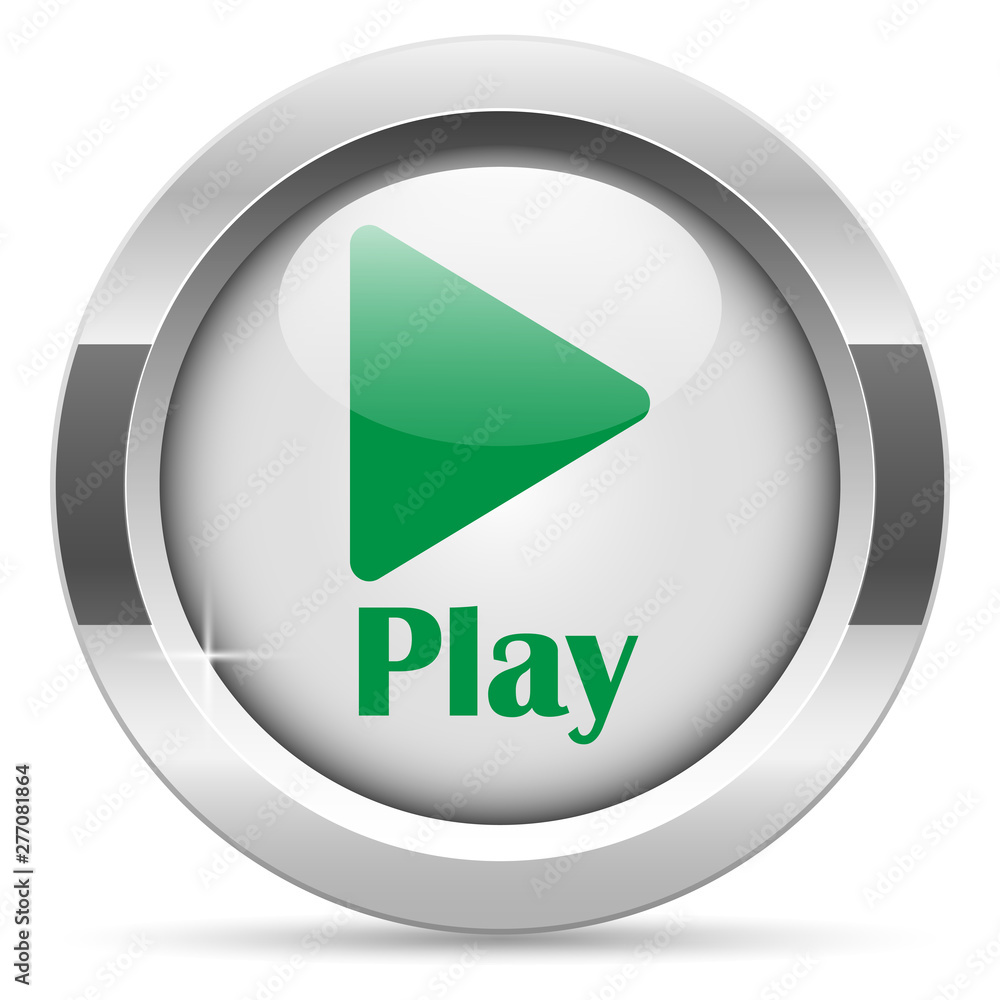 Play icon.White metal internet button. Glass with green icon, vector. Play icon.White metal internet button. Glass with green icon, vector.