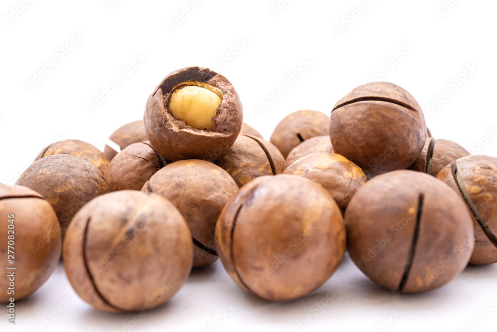 Fruits of the Australian macadamia nut on a white background. Kernels with a Shelled Shell Fruits of the Australian macadamia nut on a white background. Kernels with a Shelled Shell