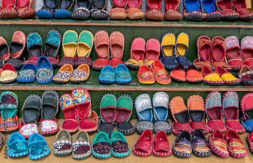 Assortment of leather kids shoes sold on a street of Istanbul, Turkey.