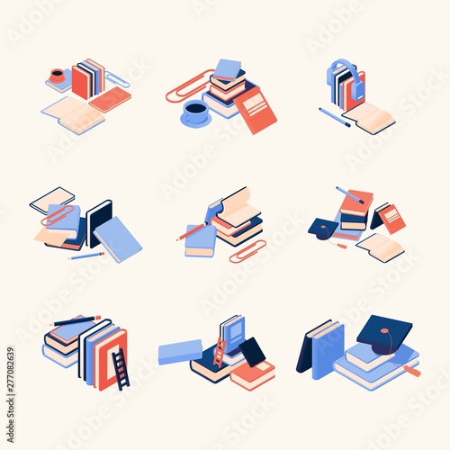 Vector concept compositions with books, coffee and pens, good for decorating educative websites, school and courses web pages. Vector isometric collection in vivid colors