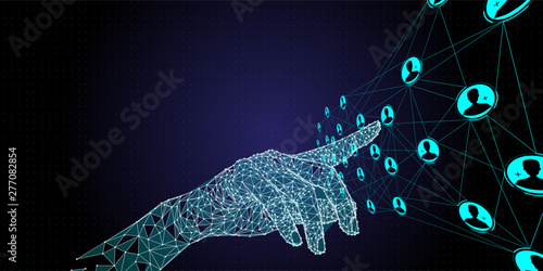 Low polygon hand working global structure networking and data exchanges customer connection with new computer Ui.