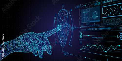 Low polygon Hand touching UI for Unlocking with face identification. Facial recognition concept.