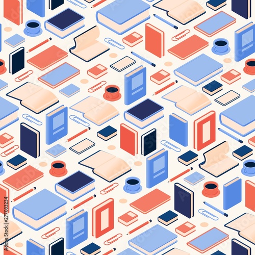Seamless pattern with isometric books and stationery elements, drawn with bright colors orange and blue. Vector concept illustration