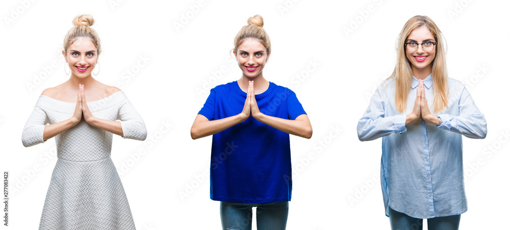 Collage of young beautiful blonde woman over isolated background praying with hands together asking for forgiveness smiling confident.