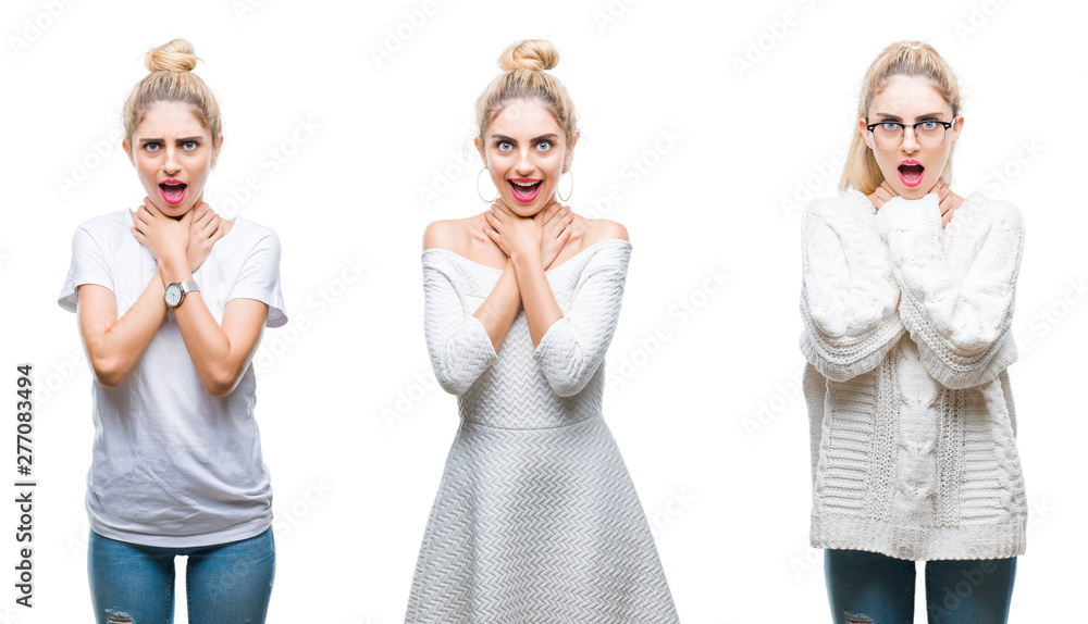 Collage of young beautiful blonde woman over white isolated background shouting and suffocate because painful strangle. Health problem. Asphyxiate and suicide concept. Collage of young beautiful blonde woman over white isolated background shouting and suffocate because painful strangle. Health problem. Asphyxiate and suicide concept.