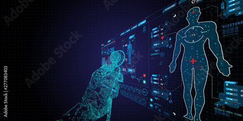 Low polygon Doctor hand with stethoscope and Ui icon medical in hospital with medical technology network concept.