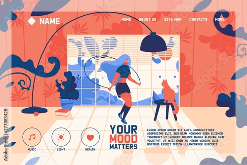 Vector banner or landing page template with jumping on skipping rope inside her room full of greenery and light. Interior scene with cat about love to sport and healthy lifestyle