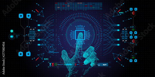 Low Polygon Hand touching the future User Interface technology and the future of user experience.