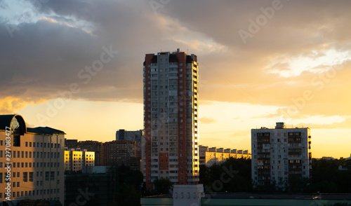  city skyscrapers skyline at sunset