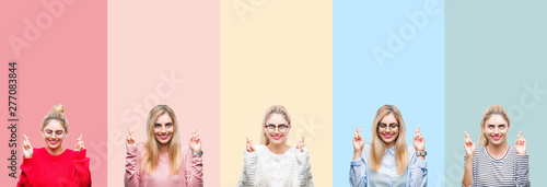 Collage of young beautiful blonde woman over vivid colorful vintage isolated background smiling crossing fingers with hope and eyes closed. Luck and superstitious concept.