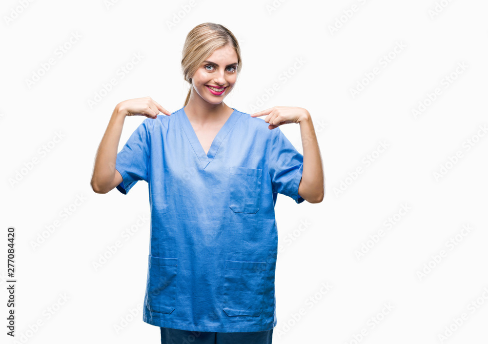 Young beautiful blonde doctor surgeon nurse woman over isolated background looking confident with smile on face, pointing oneself with fingers proud and happy. Young beautiful blonde doctor surgeon nurse woman over isolated background looking confident with smile on face, pointing oneself with fingers proud and happy.