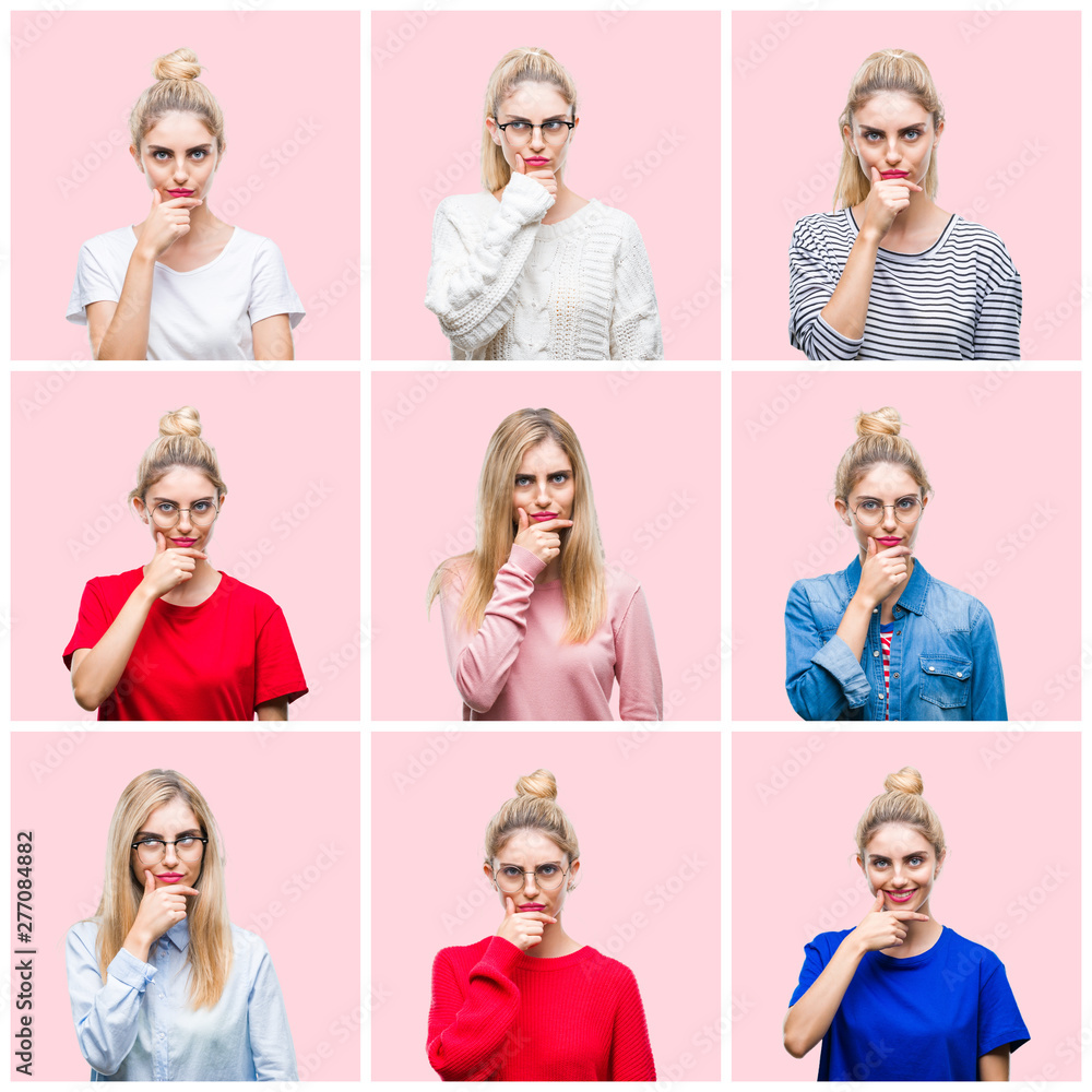 Collage of young beautiful blonde woman over pink isolated background looking confident at the camera with smile with crossed arms and hand raised on chin. Thinking positive. Collage of young beautiful blonde woman over pink isolated background looking confident at the camera with smile with crossed arms and hand raised on chin. Thinking positive.