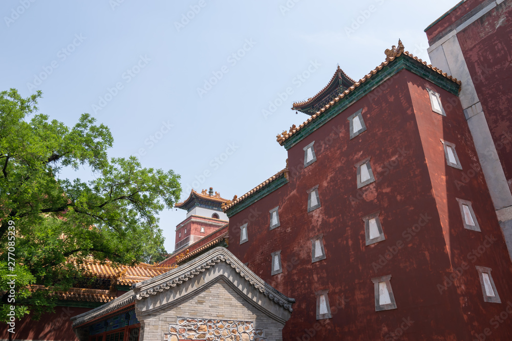 View of an old traditional building in Four Great Regions Temple, Tibetan Style Temple, which is the largest in Beijing Summer Palace. at The Summer Palace in Beijing, China.